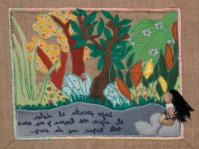 Fabric textile of a woman meditating in nature